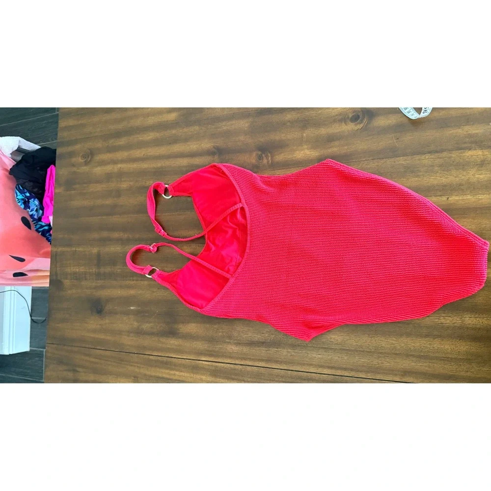 Bikini Bliss Women Hot Pink Crinkle Textured One Piece Swimsuit Size L High Cut